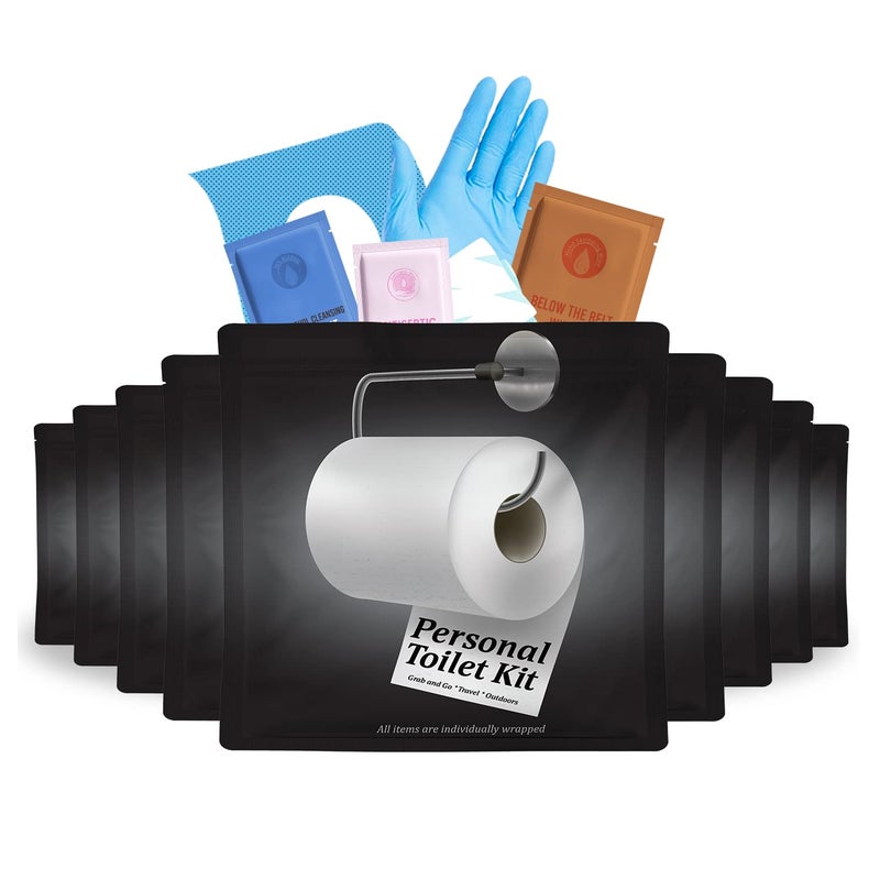 pH Advantage Personal Toilet Kit To Go 10 Pack Disposable Public Restroom Kit Individually Wrapped for Toilet Protection Kit Toilet Paper Toilet Seat Cover Butt Wipes Cleansing Wipes Black Toilet