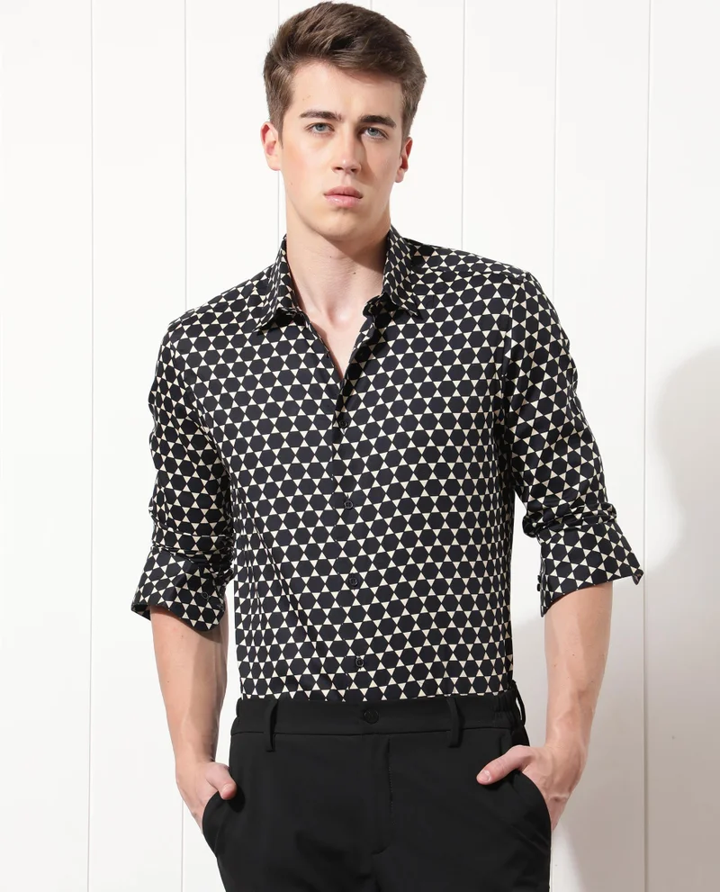 Rare Rabbit Rare Rabbit Men's Hexa Black Modal Fabric Geometric Print Full Sleeves Shirt