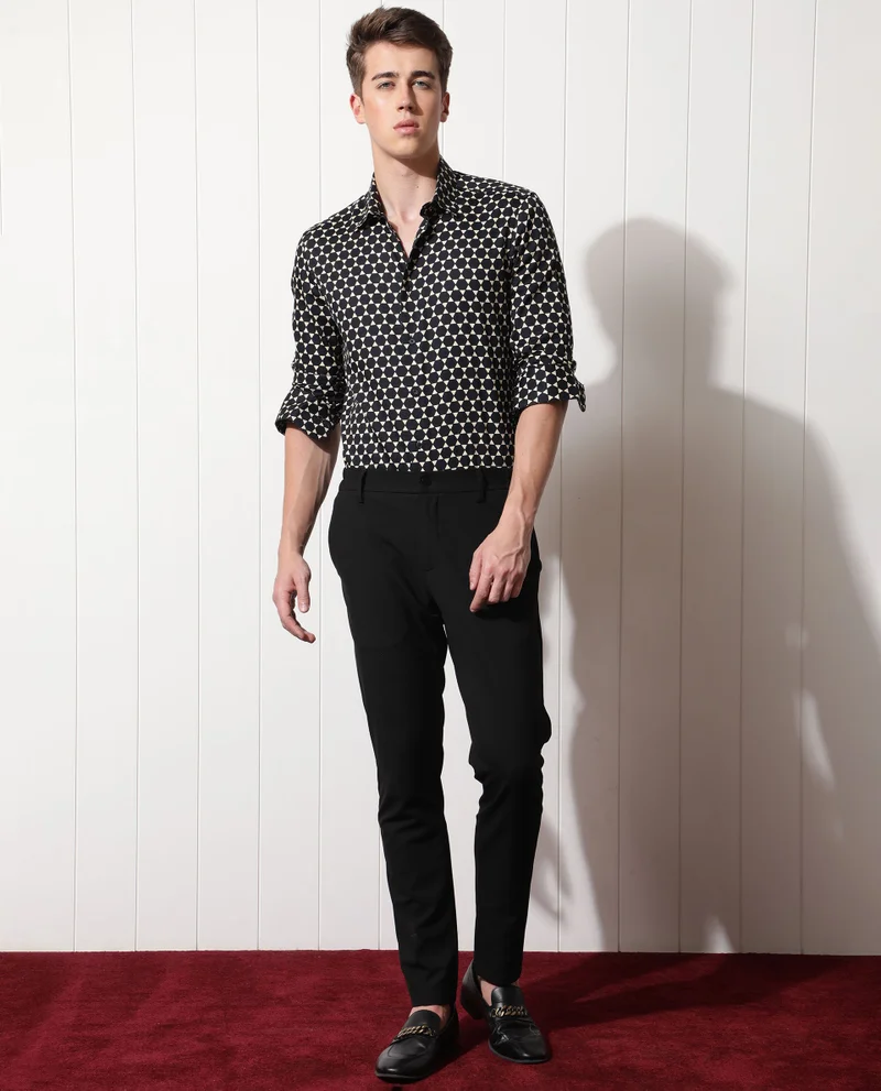 Rare Rabbit Rare Rabbit Men's Hexa Black Modal Fabric Geometric Print Full Sleeves Shirt