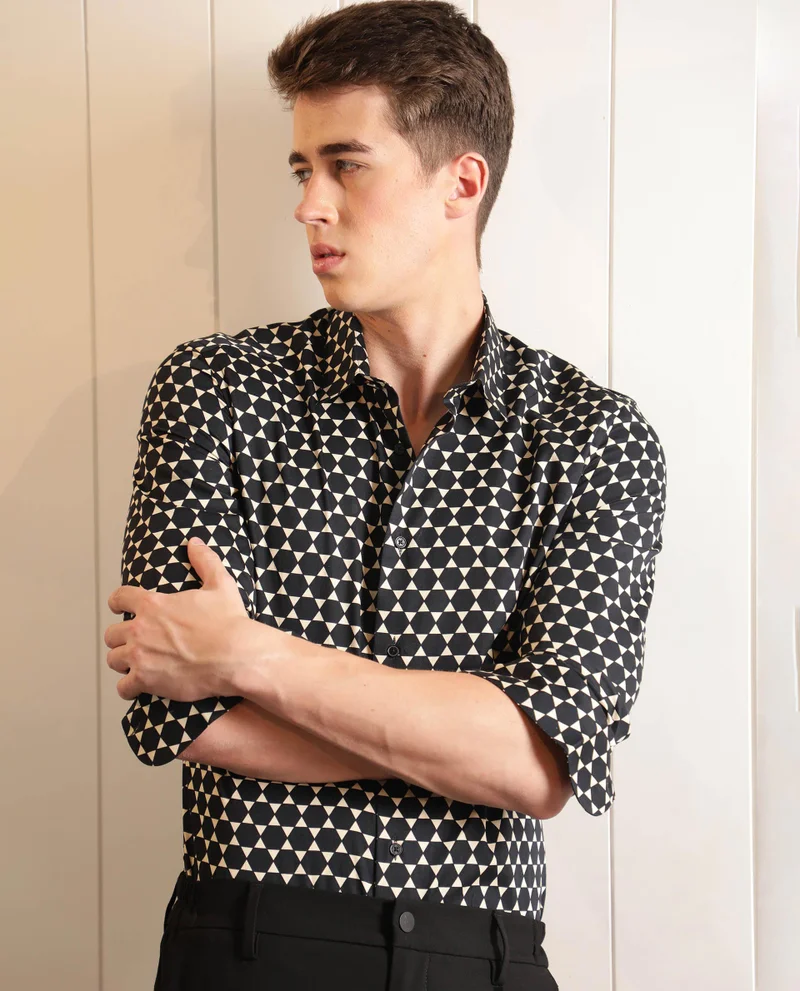 Rare Rabbit Rare Rabbit Men's Hexa Black Modal Fabric Geometric Print Full Sleeves Shirt