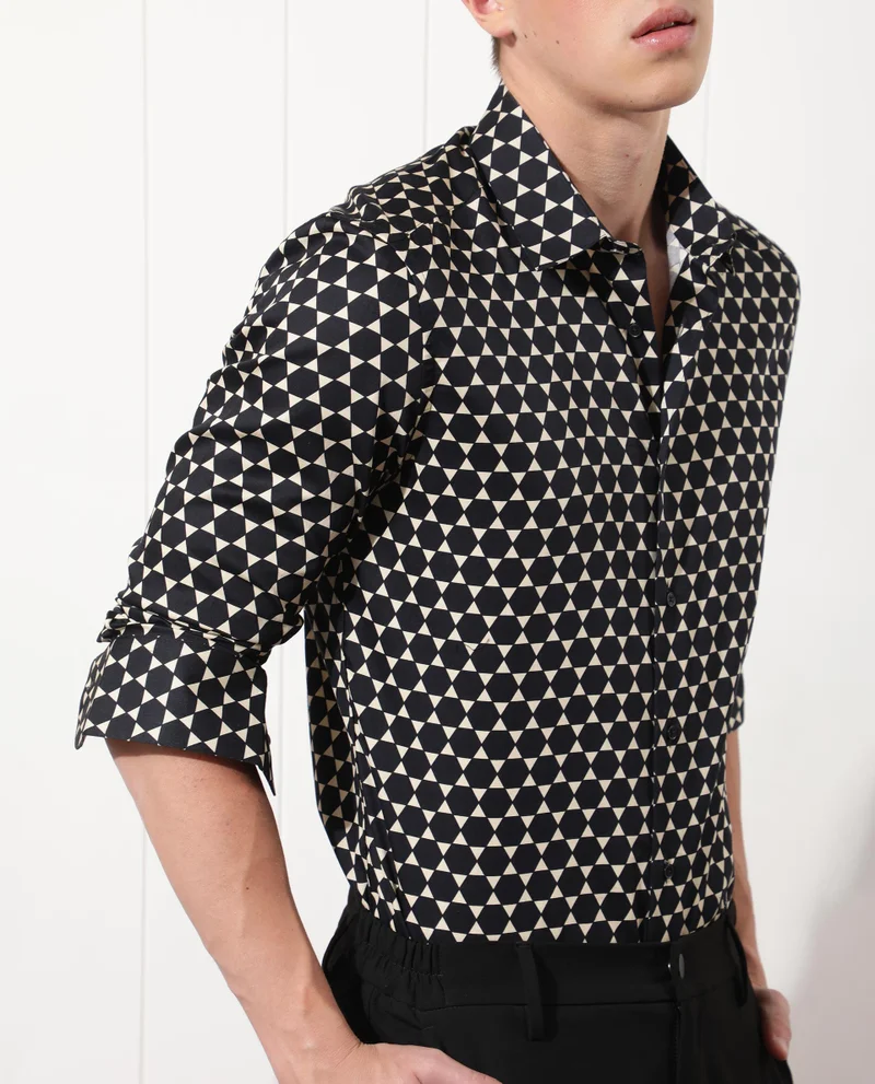 Rare Rabbit Rare Rabbit Men's Hexa Black Modal Fabric Geometric Print Full Sleeves Shirt