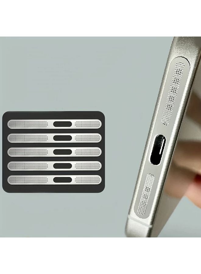 5pcs Silvery Metal Dust Plugs Protective Mesh Sticker for iPhone 13 14 15 16 Charging Port Speaker - Image 1