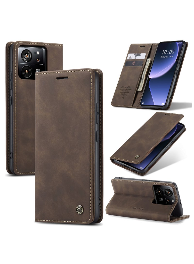 كيس مي جراب جلدي جراب حماية قابل للطي مع مسند مغناطيسي وفتحات للبطاقات شاومي 13 تي/13 تي برو - كافيه - Image 1