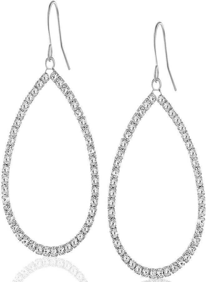 هامبل شيك نيويورك أقراط فضية اللون على شكل دمعة للنساء - أقراط فضية لامعة متدلية، مرصعة بأحجار الراين، وأقراط طويلة متدلية من الزركونيا المكعبة على شكل دمعة، مثالية لحضور حفلات الزفاف، ووصيفات العروس، وحفلات التخرج، وأقراط متدلية من الزركونيا المكعبة على شكل دمعة. - Image 1