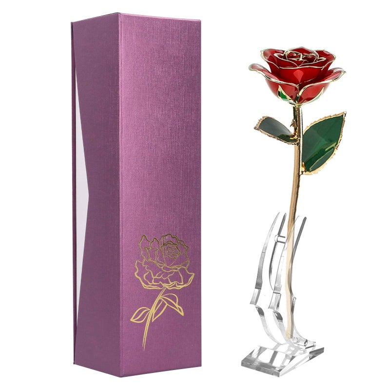 Ejoyous Red Rose Dipped Gold Golden Plated Eternal Rose Flower with Crystal Stand for Her Gift for Wife Mom Girlfriend Daughter 