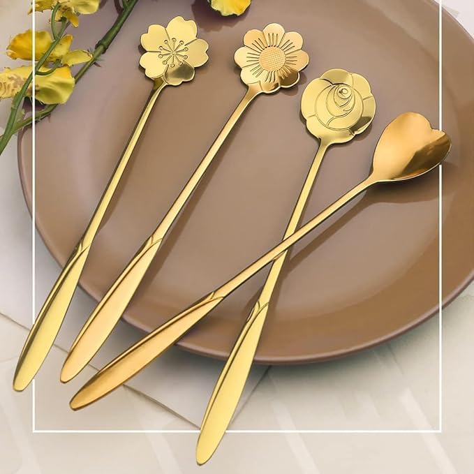 SANWALSA (Set of 4) Stainless Steel Golden Spoon Set, Cutlery Kitchen Tablewar, Different Shape Coffee, Dessert, Stirring Spoons. - Image 2
