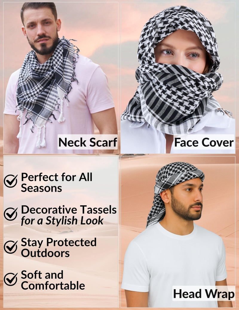 LOVARZI Cotton Shemagh Scarf - Tactical Black & White Arab Palestine Keffiyeh for Men - Lightweight Military Army Scarf - Image 3