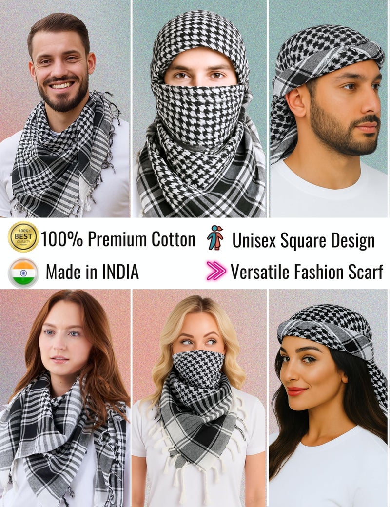 LOVARZI Cotton Shemagh Scarf - Tactical Black & White Arab Palestine Keffiyeh for Men - Lightweight Military Army Scarf - Image 2