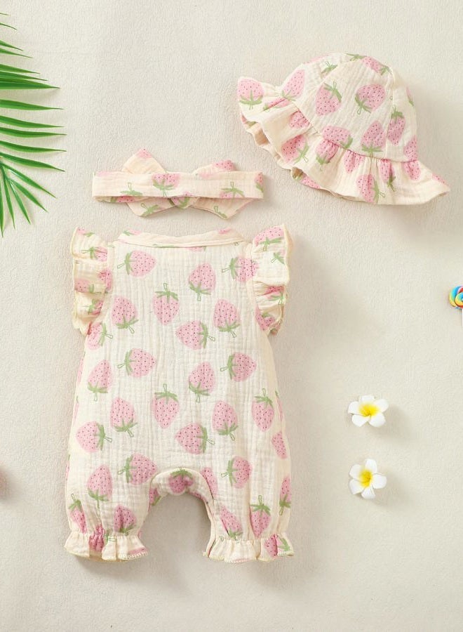 Renotemy Baby Girl Clothes Outfits Infant Summer Romper Cotton Linen Preemie Newborn Essentials Photography with Hat&Headband, Yellow Strawberry, 0-3 Months - Image 3