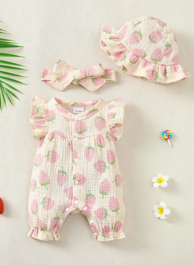 Renotemy Baby Girl Clothes Outfits Infant Summer Romper Cotton Linen Preemie Newborn Essentials Photography with Hat&Headband, Yellow Strawberry, 0-3 Months - Image 2