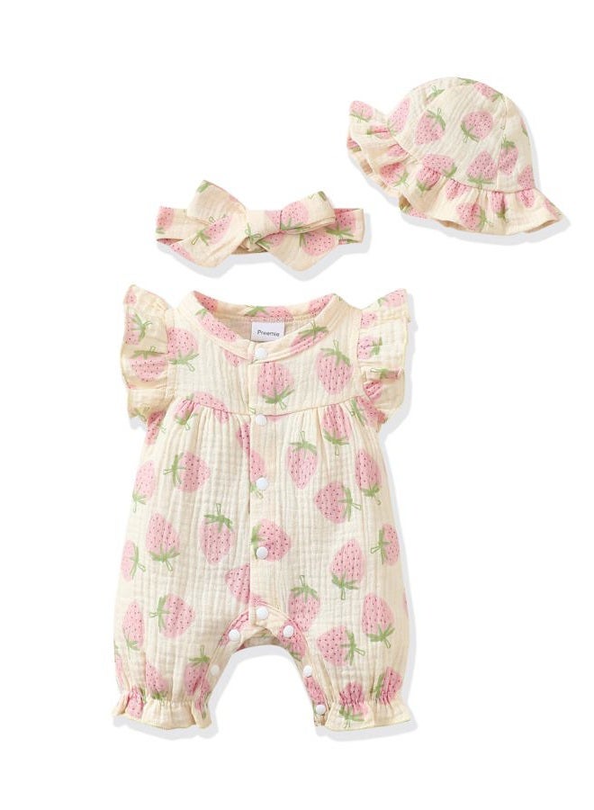 Renotemy Baby Girl Clothes Outfits Infant Summer Romper Cotton Linen Preemie Newborn Essentials Photography with Hat&Headband, Yellow Strawberry, 0-3 Months - Image 1