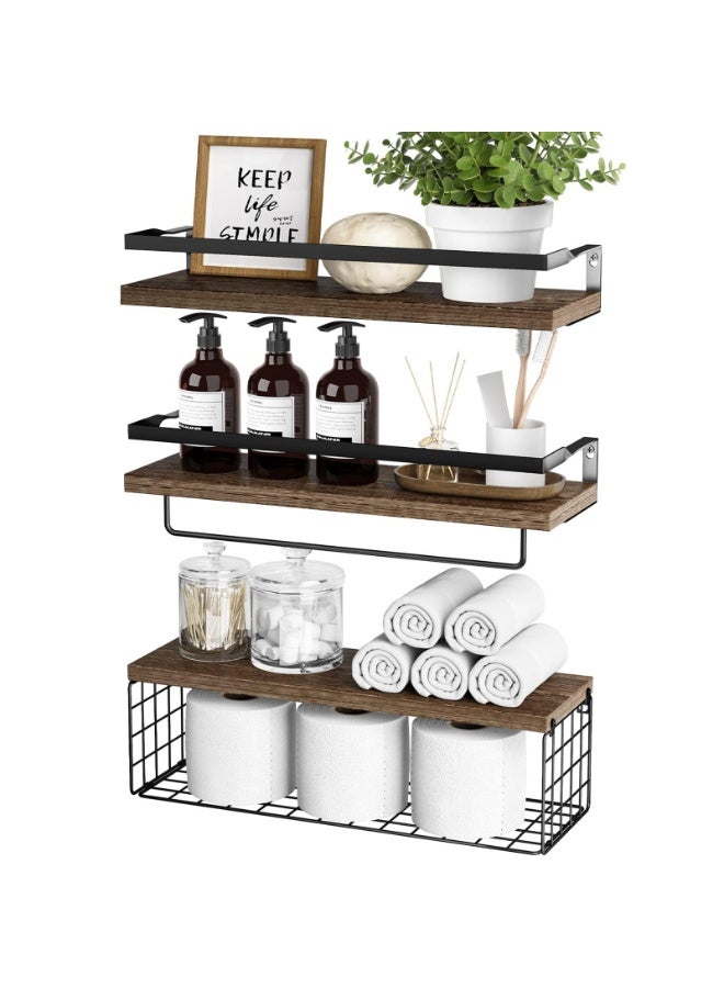 KYDTSYK Wall Mounted Floating Shelves with Towel Bar and Storage Basket – 3-Tier Bathroom Organizer for Toiletries, Towels, Plants, and Decor – Space-Saving Wood Shelves with Black Metal Frame Brown - Image 1