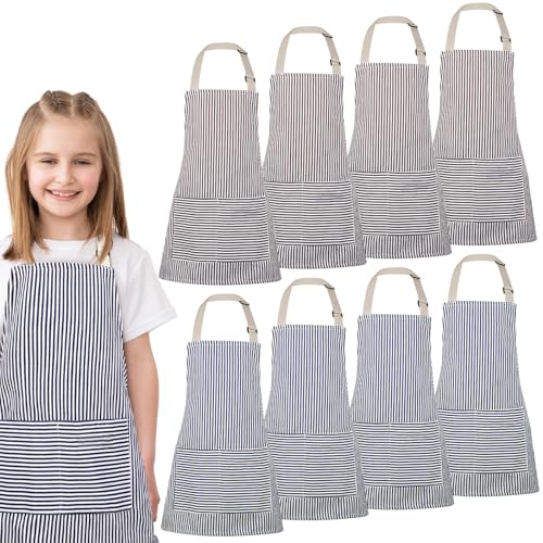 Newcotte 8 Pieces Kids Apron Toddler Cotton Adjustable Bib Chef Apron with 2 Pockets for Boys and Girls Children (Blue,Brown) - Image 1