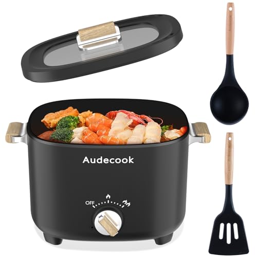 Audecook Hot Pot Electric, 2.5L Portable Nonstick Multicooker for 1-3 Persons, Honeycomb Texture Travel Electric Skillet with Dual Power Temperature Control for Steak/Egg/Noodles/Oatmeal (Black) - Image 1