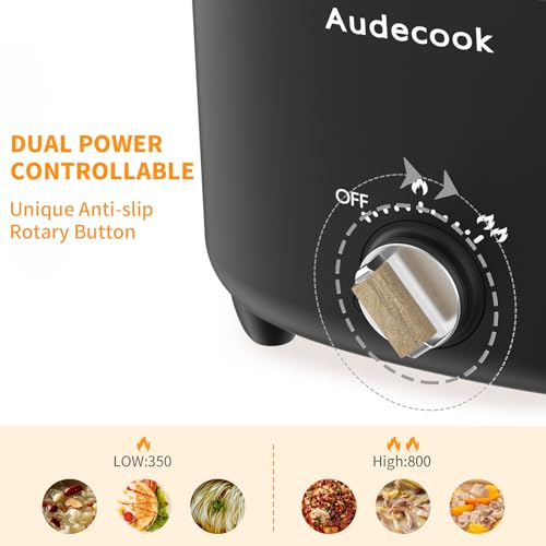 Audecook Hot Pot Electric, 2.5L Portable Nonstick Multicooker for 1-3 Persons, Honeycomb Texture Travel Electric Skillet with Dual Power Temperature Control for Steak/Egg/Noodles/Oatmeal (Black) - Image 5