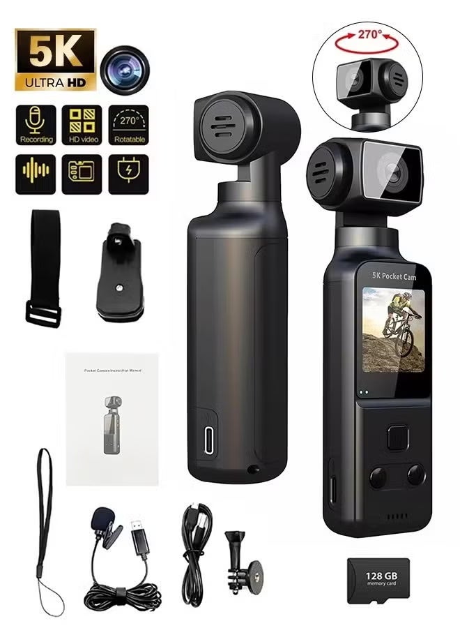 dida-cosmos 5K HD Anti-Shake Sports Body Camera, 270 Degree Rotation Portable Sport Motion Camera with Mic Clip Outdoor Riding Shooting Vlog, 1.3Inch Screen Pocket Digital Cam, Included 128G Card,1000mAh Rechargeable - Image 1