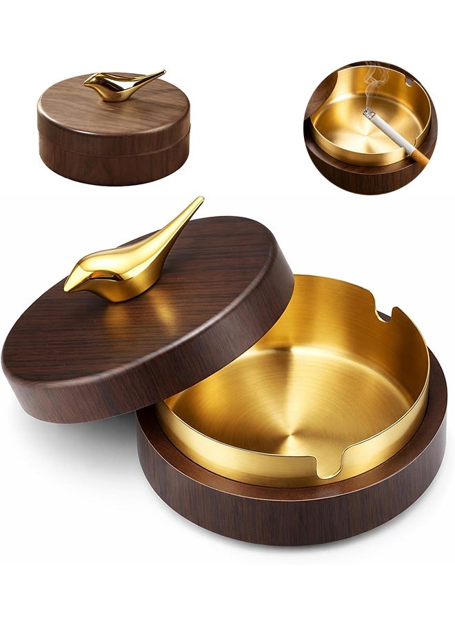Quantum Wooden Ash Tray with Lid & Walnut Grain Stainless Steel Portable Decorative Ashtray, Smoking Accessories, Outside Patio Windproof Ashtray for Gift Home Patio Office Outdoors Indoor Parties - Image 1