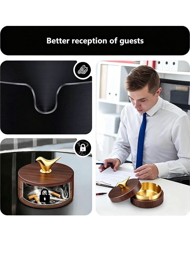 Quantum Wooden Ash Tray with Lid & Walnut Grain Stainless Steel Portable Decorative Ashtray, Smoking Accessories, Outside Patio Windproof Ashtray for Gift Home Patio Office Outdoors Indoor Parties - Image 4