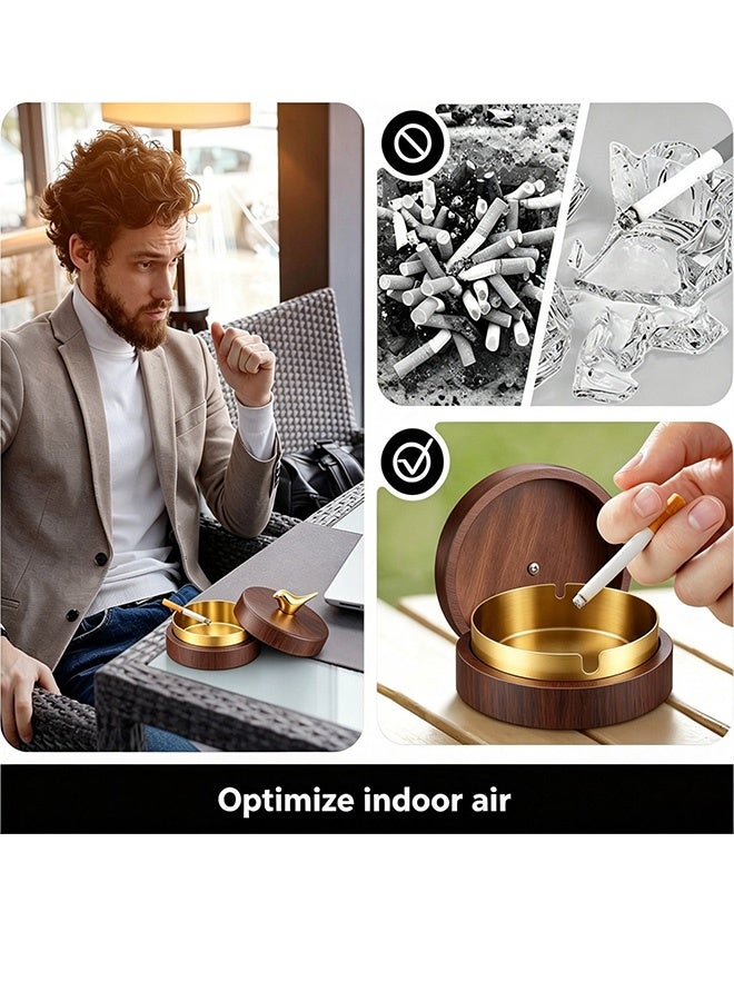Quantum Wooden Ash Tray with Lid & Walnut Grain Stainless Steel Portable Decorative Ashtray, Smoking Accessories, Outside Patio Windproof Ashtray for Gift Home Patio Office Outdoors Indoor Parties - Image 3