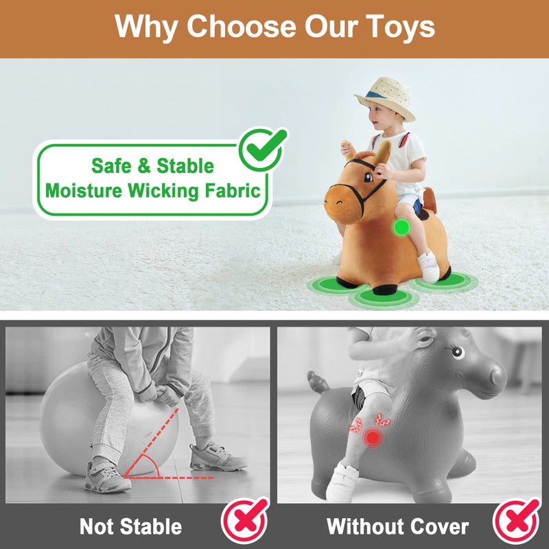 iPlay, iLearn Bouncy Pals Brown Hopping Horse, Toddler Plush Animal Hopper Toy, Kids Inflatable Ride on Bouncer W/Pump, Indoor Outdoor Jumper, Birthday Gifts for 18 24 Months 2 3 Year Old Boys Girls - Image 4