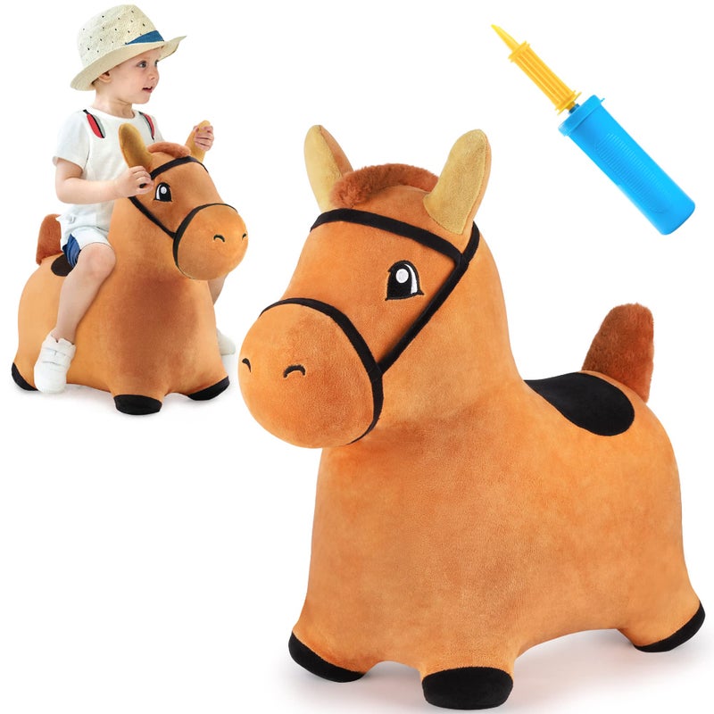 iPlay, iLearn Bouncy Pals Brown Hopping Horse, Toddler Plush Animal Hopper Toy, Kids Inflatable Ride on Bouncer W/Pump, Indoor Outdoor Jumper, Birthday Gifts for 18 24 Months 2 3 Year Old Boys Girls - Image 1