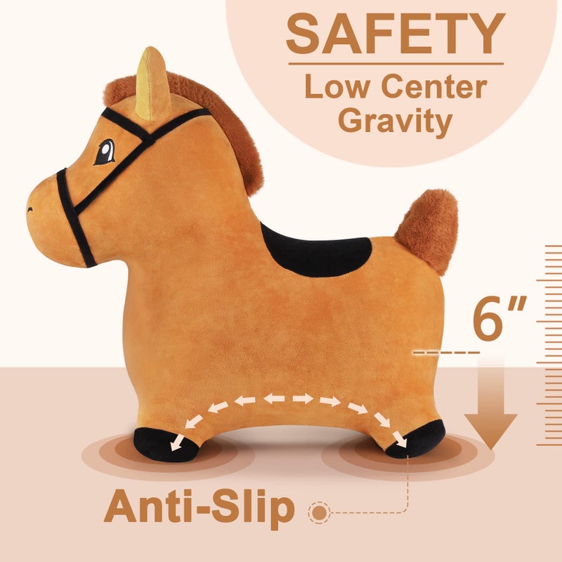 iPlay, iLearn Bouncy Pals Brown Hopping Horse, Toddler Plush Animal Hopper Toy, Kids Inflatable Ride on Bouncer W/Pump, Indoor Outdoor Jumper, Birthday Gifts for 18 24 Months 2 3 Year Old Boys Girls - Image 5