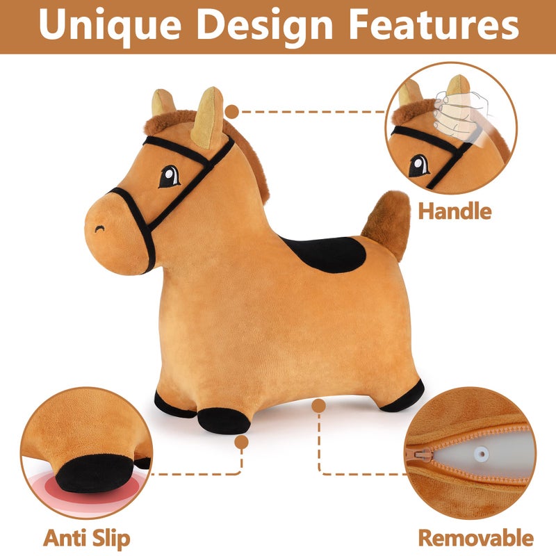 iPlay, iLearn Bouncy Pals Brown Hopping Horse, Toddler Plush Animal Hopper Toy, Kids Inflatable Ride on Bouncer W/Pump, Indoor Outdoor Jumper, Birthday Gifts for 18 24 Months 2 3 Year Old Boys Girls - Image 3