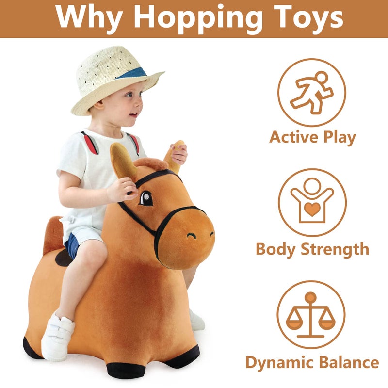 iPlay, iLearn Bouncy Pals Brown Hopping Horse, Toddler Plush Animal Hopper Toy, Kids Inflatable Ride on Bouncer W/Pump, Indoor Outdoor Jumper, Birthday Gifts for 18 24 Months 2 3 Year Old Boys Girls - Image 2