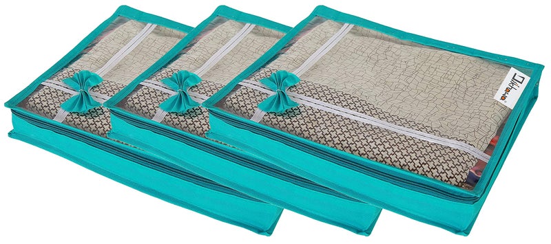 DIKHAWA 3 Piece Transparent View Non Woven Flower Design Attractive bow Saree Cover Storage Bags, Cloth Cover, 80gsm fabric (17X13X3 IN_GREEN) - Image 5