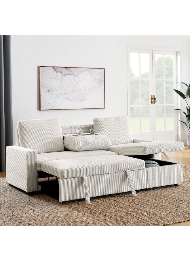 DANUBE HOME Serta Reversible Corner Fabric Sofabed With Storage And Drop Table + Cup Holders Convertible L-Shape Sofa Bed Comfortable Living Room Furniture L216Xw144Xh87Cm - Beige  - Image 1