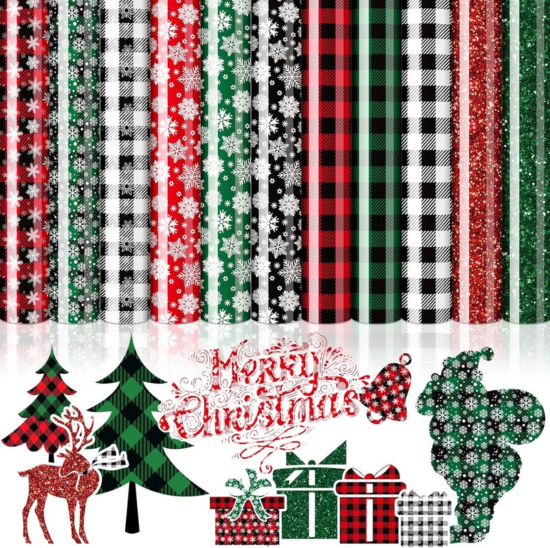 AnyDesign 11 Sheet Christmas Heat Transfer Vinyl Glitter HTV Iron on Vinyl Snowflake Plaid Pattern Adhesive Craft Vinyl for Christmas Holiday DIY Fabric Silhouette Hat Bag Craft Supplies, 9.6 x 11.8 - Image 1