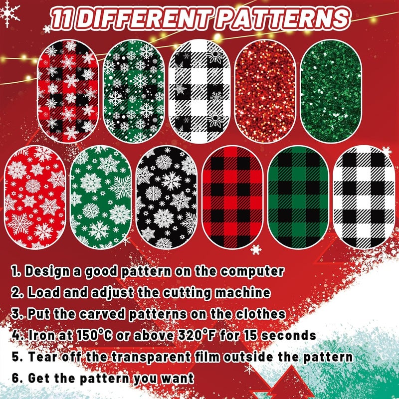 AnyDesign 11 Sheet Christmas Heat Transfer Vinyl Glitter HTV Iron on Vinyl Snowflake Plaid Pattern Adhesive Craft Vinyl for Christmas Holiday DIY Fabric Silhouette Hat Bag Craft Supplies, 9.6 x 11.8 - Image 3