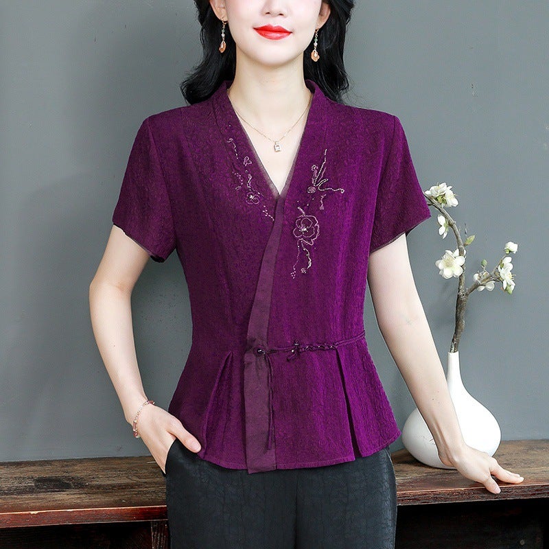 High Quality Age-Reducing Mother Xiangyun Yarn Chinese Top Mulberry Silk V-Neck Silk Shirt National Style Shirt - Image 2