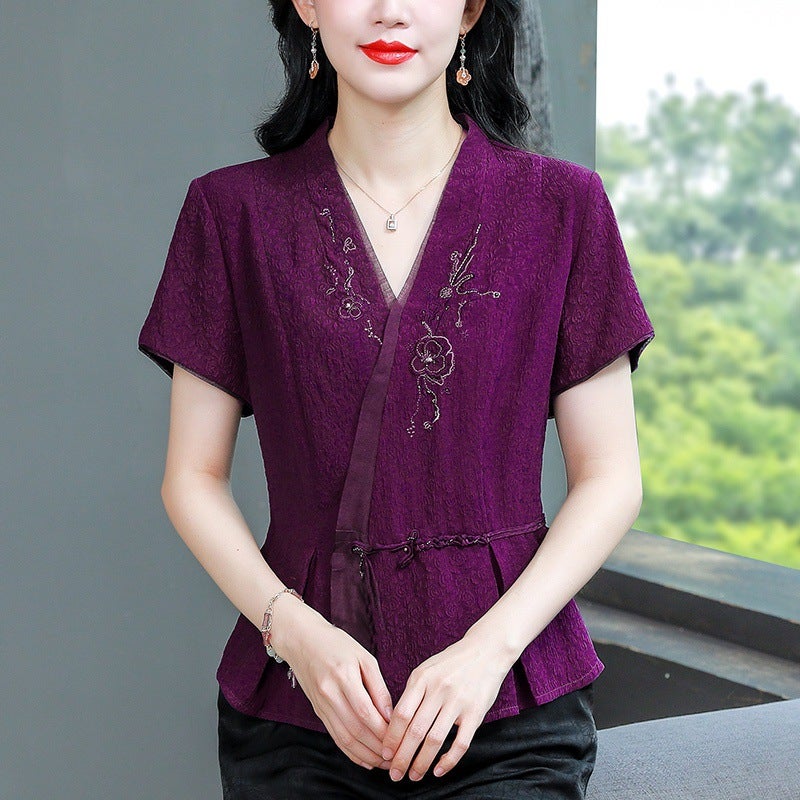High Quality Age-Reducing Mother Xiangyun Yarn Chinese Top Mulberry Silk V-Neck Silk Shirt National Style Shirt - Image 3