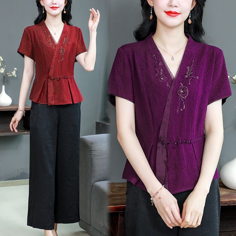 High Quality Age-Reducing Mother Xiangyun Yarn Chinese Top Mulberry Silk V-Neck Silk Shirt National Style Shirt - Image 5