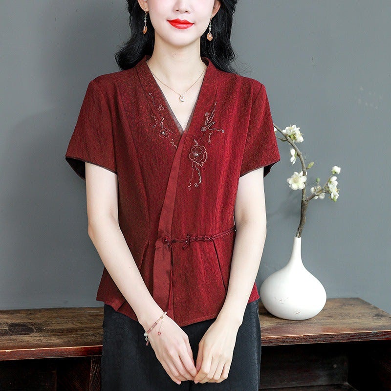High Quality Age-Reducing Mother Xiangyun Yarn Chinese Top Mulberry Silk V-Neck Silk Shirt National Style Shirt - Image 1