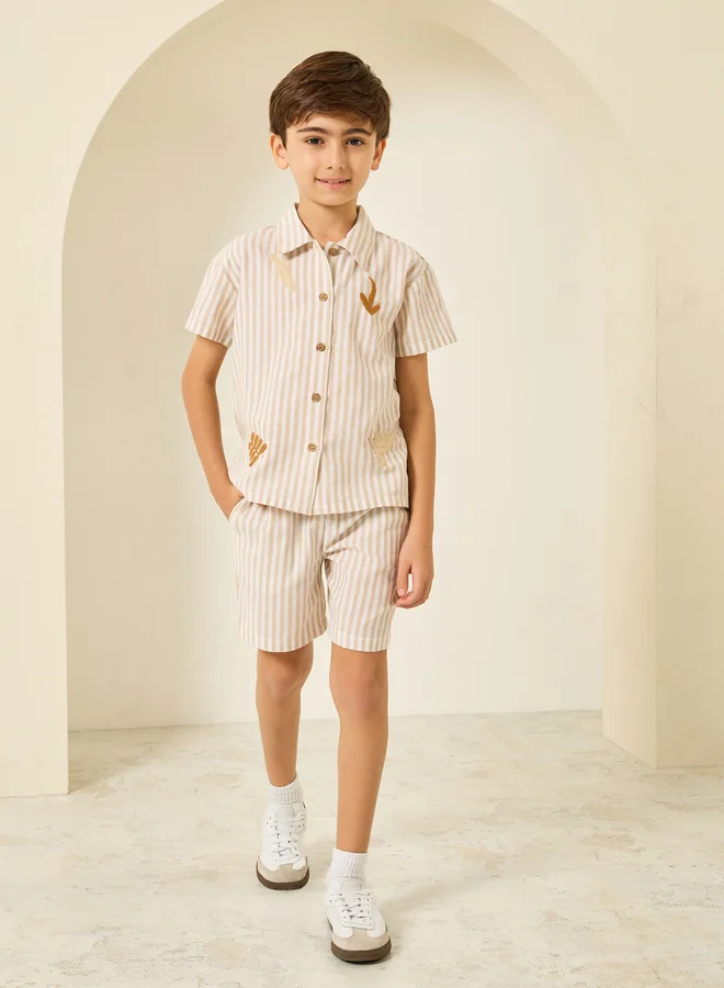 Styli Boys Beige Striped Shirt and Shorts Set
