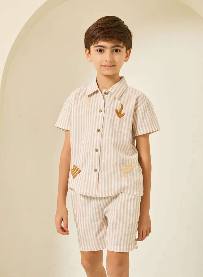 Styli Boys Beige Striped Shirt and Shorts Set