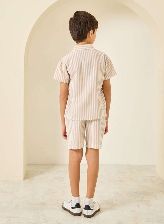 Styli Boys Beige Striped Shirt And Shorts Set - Image 3