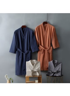 Generic Cotton Linen Kimono Bathrobe Unisex Couple Spa Robe Customizable Coral-Orange 