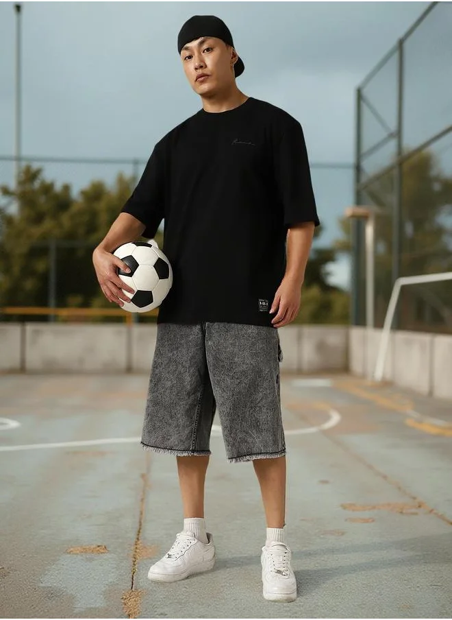 Hubberholme Men's Black 100% Cotton Solid Pattern Oversized T-Shirt