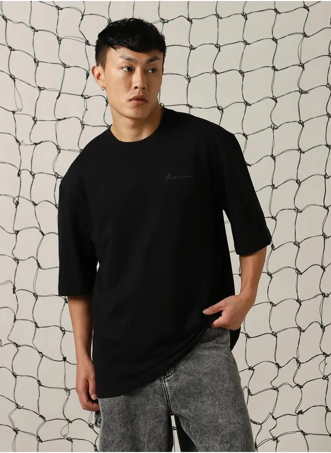 Hubberholme Men's Black 100% Cotton Solid Pattern Oversized T-Shirt