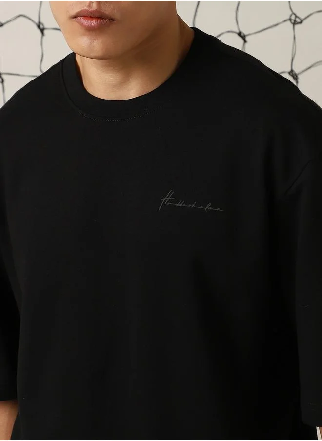 Hubberholme Men's Black 100% Cotton Solid Pattern Oversized T-Shirt