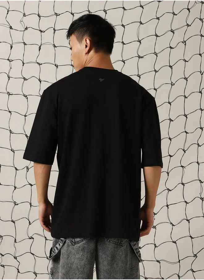 Hubberholme Men's Black 100% Cotton Solid Pattern Oversized T-Shirt