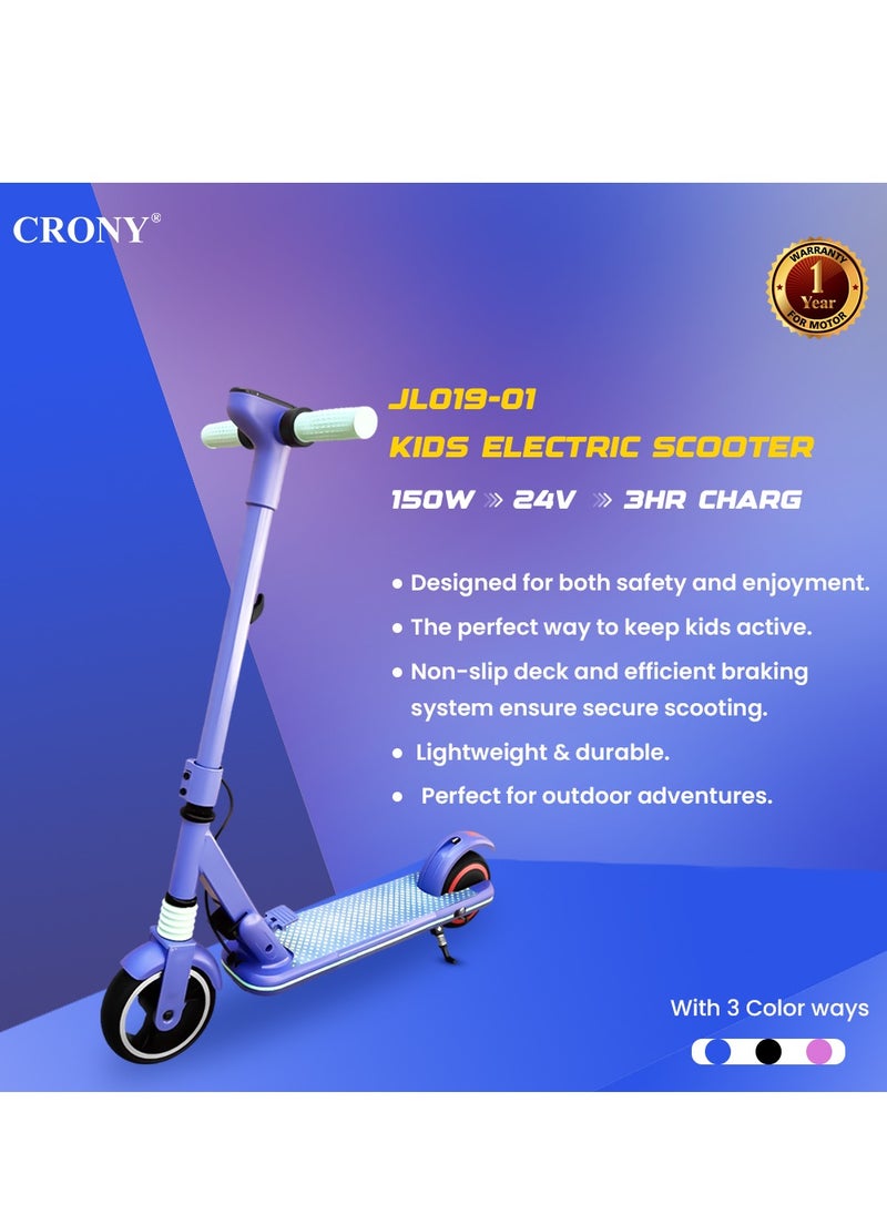 Crony - JL019 Kids E-Scooter LED Display, 7-Inch Non-Flat Tires, Easy Folding Outdoor Fun Skateboard,24V/2.5AH,5-8km Range, 150W Motor, Pink - Perfect Gift for Children Electric Scooter, Lightweight & Portable, 2-3H Charging Time, 10-14KM/H Speed, Durable Aluminum Alloy Frame Up to 60kg Capacity, LED Lights, and Mobile Phone Holder for Convenience, Ideal for Ages 6-12, Comfortable Ride, Great for Short Commuting, Easy Storage, Includes 1-Year Motor Warranty, 3-Month Battery & Controller Warranty, Ideal for Fun Outdoor Adventures and Everyday Play,Blue - Image 1