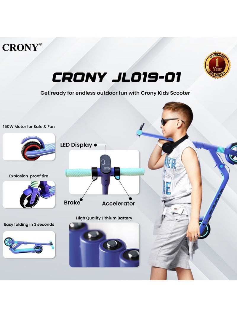 Crony - JL019 Kids E-Scooter LED Display, 7-Inch Non-Flat Tires, Easy Folding Outdoor Fun Skateboard,24V/2.5AH,5-8km Range, 150W Motor, Pink - Perfect Gift for Children Electric Scooter, Lightweight & Portable, 2-3H Charging Time, 10-14KM/H Speed, Durable Aluminum Alloy Frame Up to 60kg Capacity, LED Lights, and Mobile Phone Holder for Convenience, Ideal for Ages 6-12, Comfortable Ride, Great for Short Commuting, Easy Storage, Includes 1-Year Motor Warranty, 3-Month Battery & Controller Warranty, Ideal for Fun Outdoor Adventures and Everyday Play,Blue - Image 1