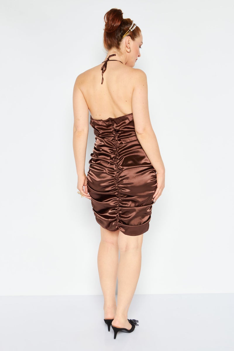 Unique21 Women Ring Detail Ruched Mini Dress, Brown - Image 2
