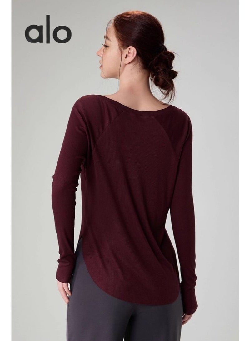Alo Yoga Alo Burgundy long sleeved top - ribbed fabric, loose casual versatile top, brand logo details, versatile sportswear suitable for exercise and daily elegant clothing - Image 4
