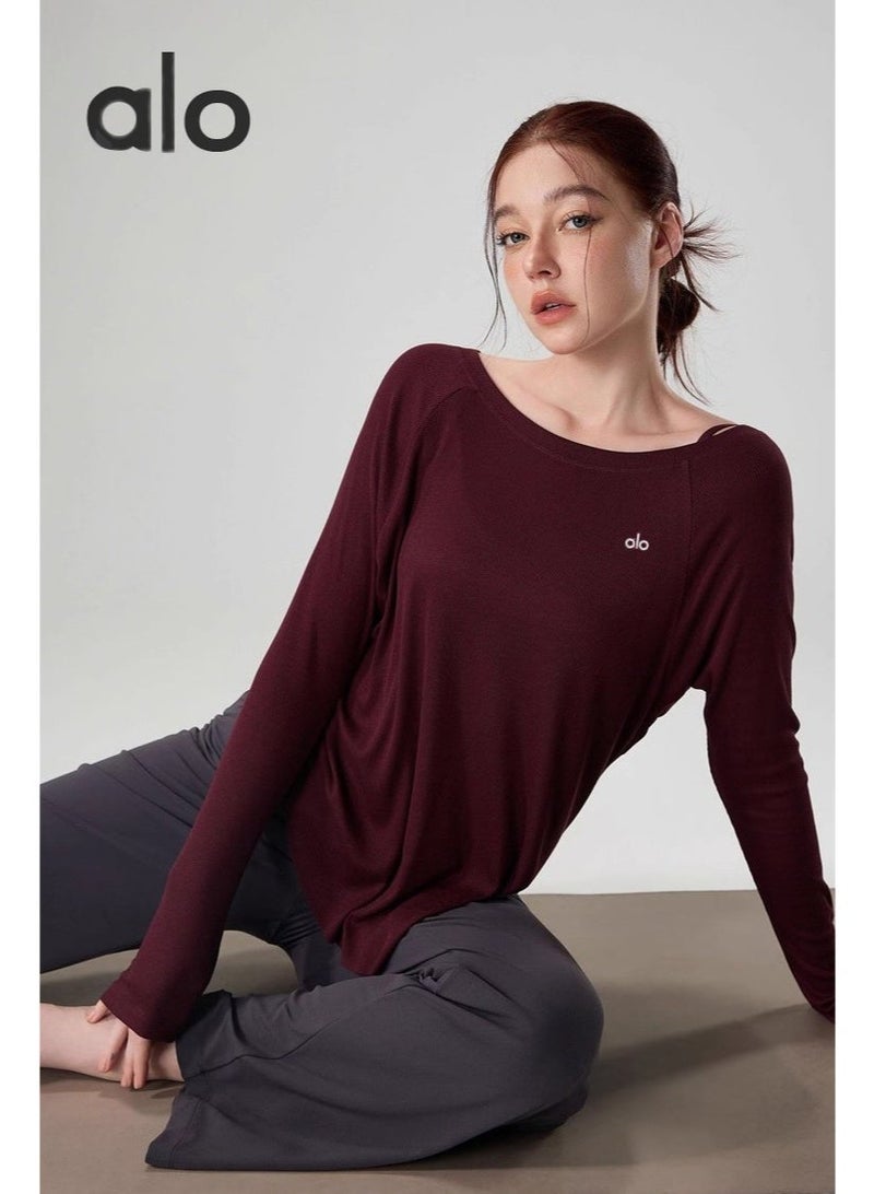 Alo Yoga Alo Burgundy long sleeved top - ribbed fabric, loose casual versatile top, brand logo details, versatile sportswear suitable for exercise and daily elegant clothing - Image 2
