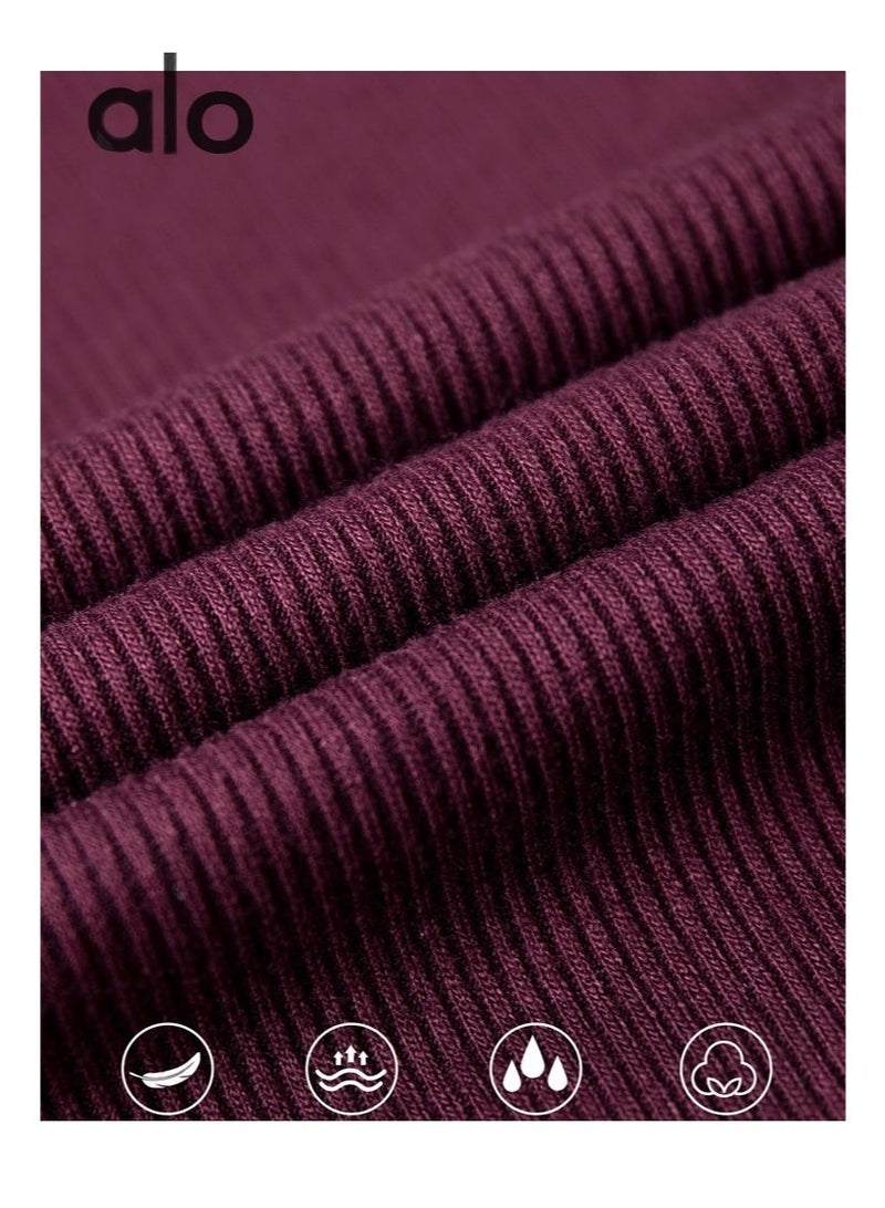 Alo Yoga Alo Burgundy long sleeved top - ribbed fabric, loose casual versatile top, brand logo details, versatile sportswear suitable for exercise and daily elegant clothing - Image 5